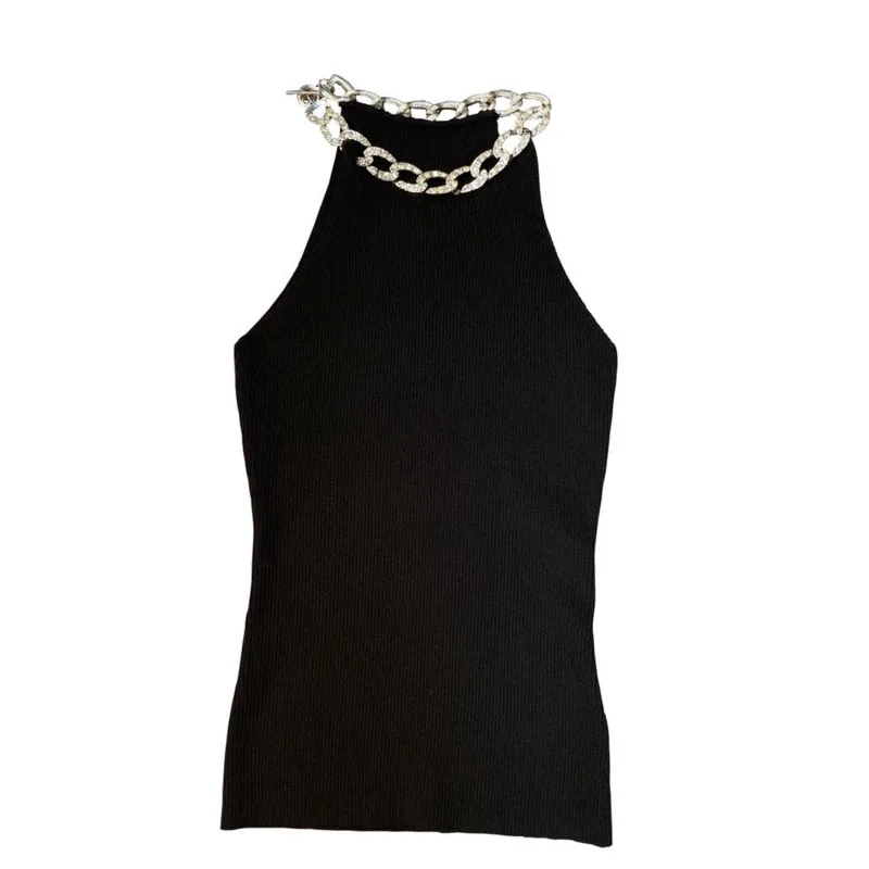 

DEAT 2021 New Summer Fashion Tide Casual Sleeveless Neck Diamond Chain Necklace Slim Sexy Knitted Vest Women SB802