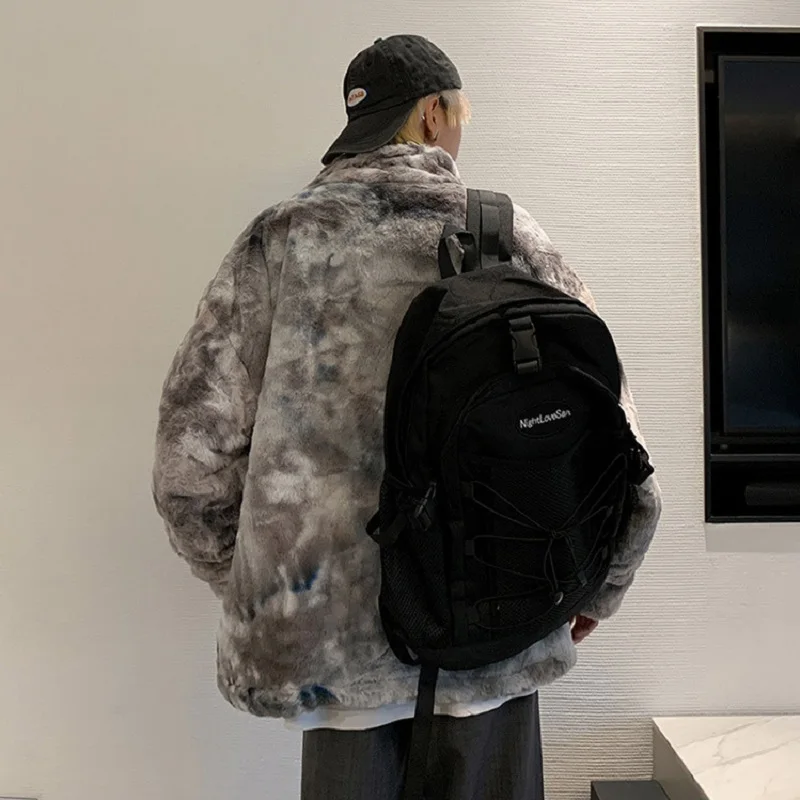 Men's Fashion Tie-dye Imitation Lamb Wool Coat Winter Warmth Cotton Coat Plus Velvet Thickening Tide Brand Winter Jacket