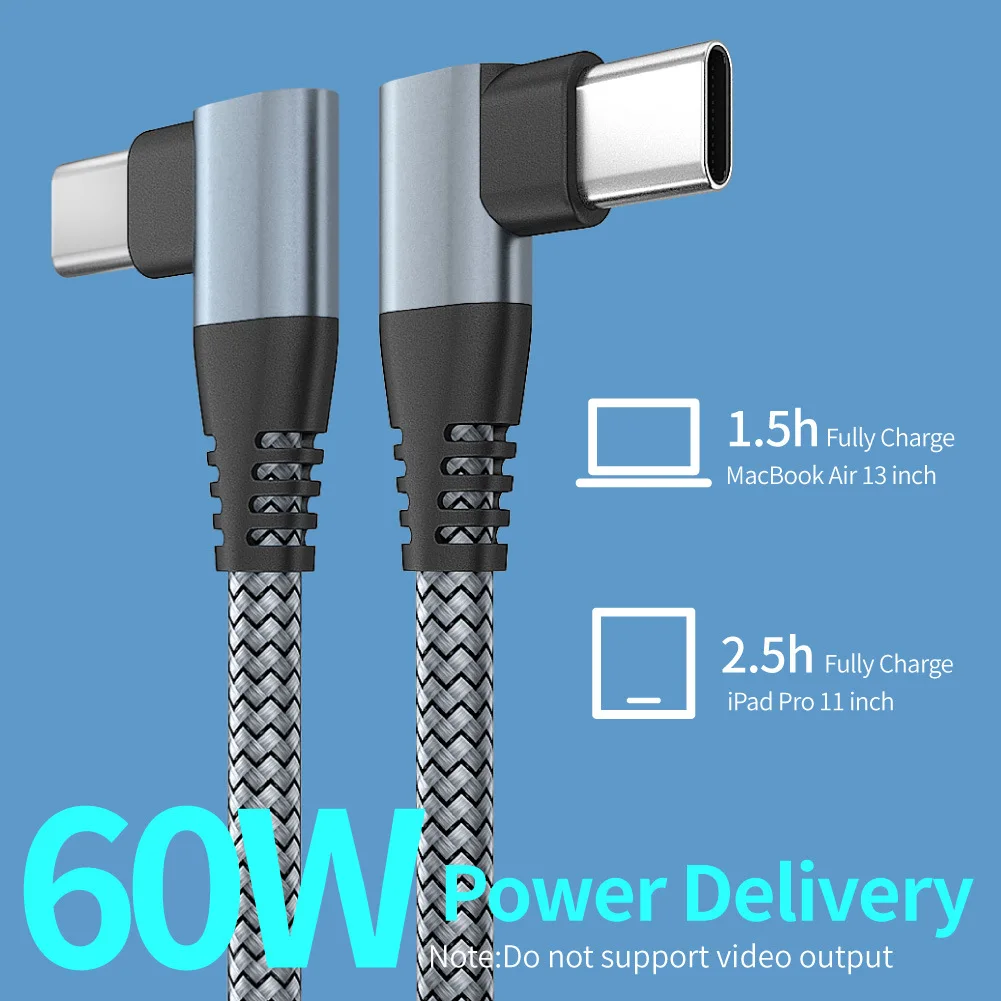 

Double Type C Cable 90 Degree Right Angle Elbow Data Cord 60W PD Fast Charging Type C To USB C Cable For Huawei Xiaomi Samsung