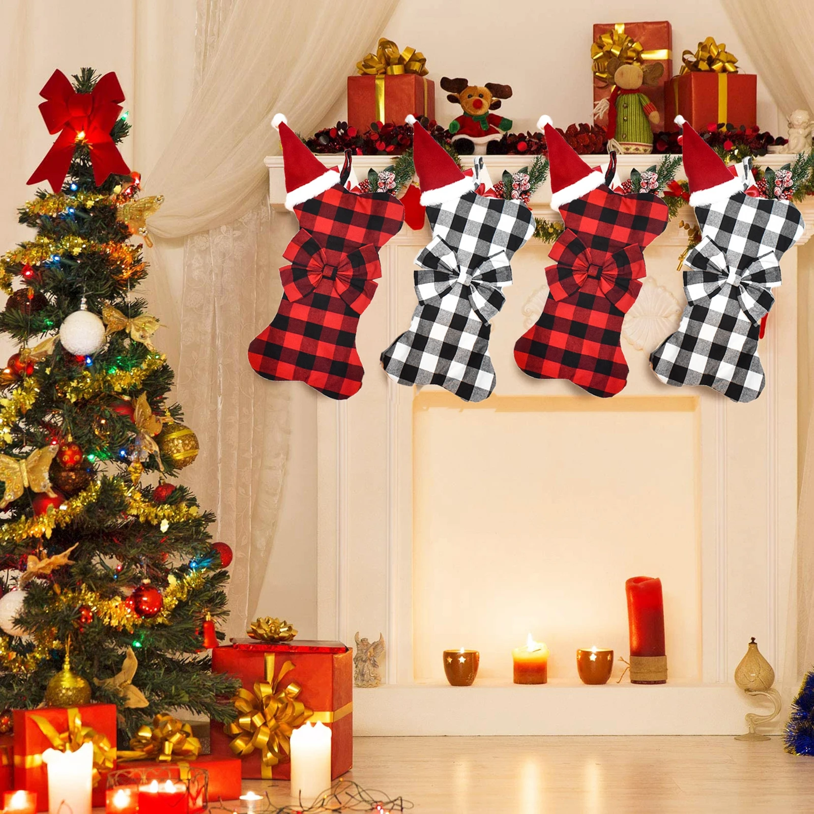 Dog Christmas Stockings Buffalo Plaid Bone Shape Fireplace Hanging Stockings with Mini Santa Hat Beautiful