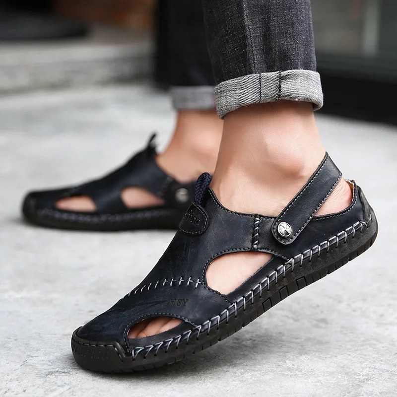 

Summer Genuine Leather Out door Shoes Men Sandals Handmade Classic For Male Soft Walking Beach Sandalias Sandal Slides hjm8