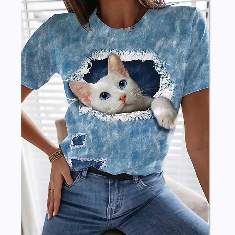 

New Animal Crossing Cat 3D Printing Round Neck T-shirt Women Fun Short Sleeve Top Summer Pullover Retro Style Fashion Casual