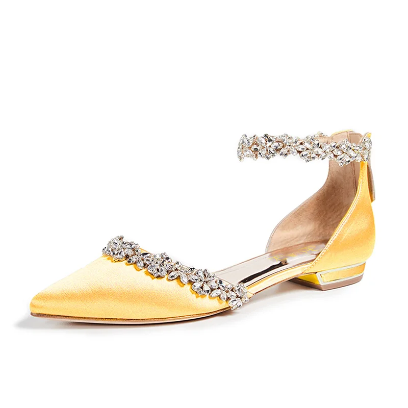 Yellow shoes Свадебная обувь на плоской подошве для невесты на плоской подошве, синяя обувь заостренная женская обувь, стразы, розовый атлас размера плюс 15 16, элегантная Роскошная обувь - Цвет: Yellow shoes
