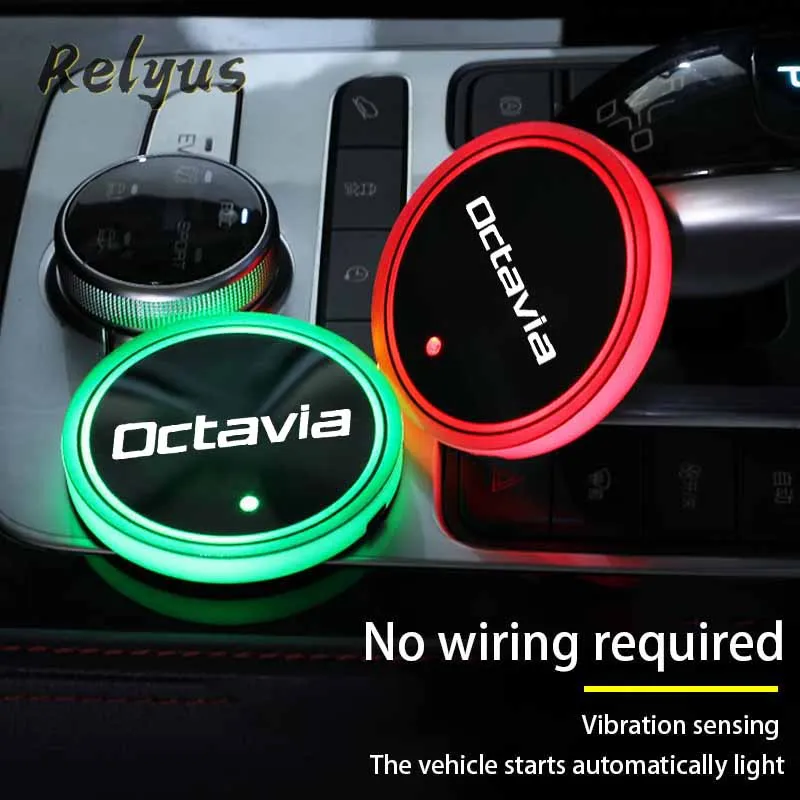 

2Pcs Luminous Car Led Cup Coaster Non-slip Mat Automobile Atmosphere Light For Skoda Octavia 2 3 4 RS 5e Auto Accessories