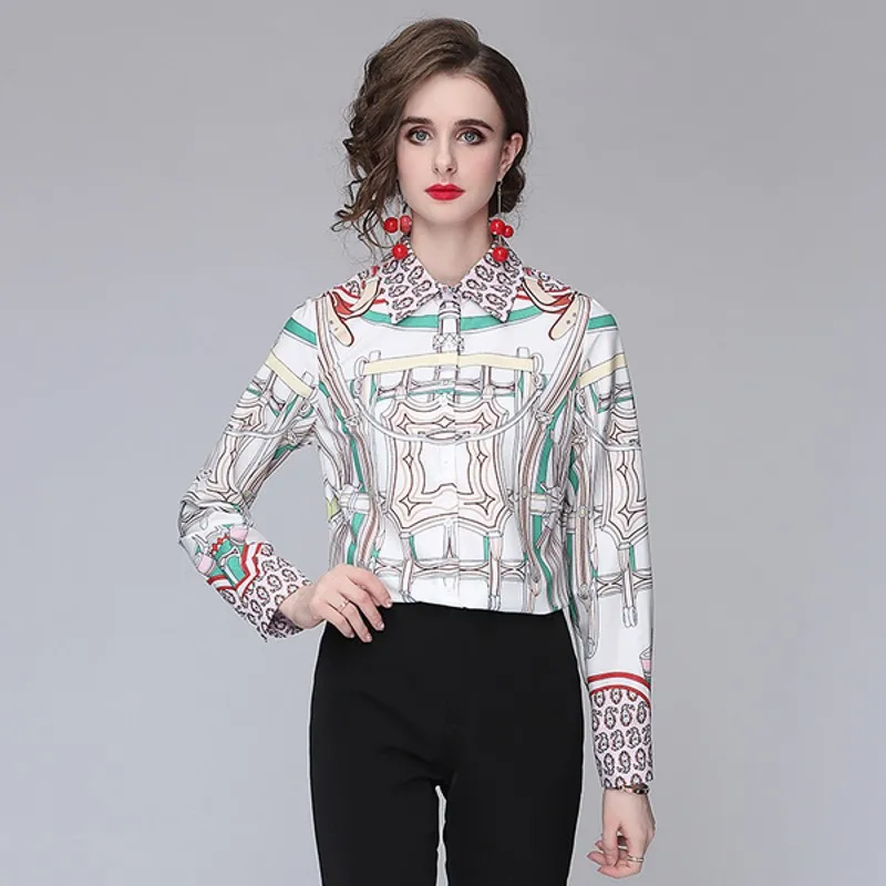 

Женская блузка с длинным рукавом, Повседневная элегантная рубашка с отложным воротником и принтом, весна-лето 2021