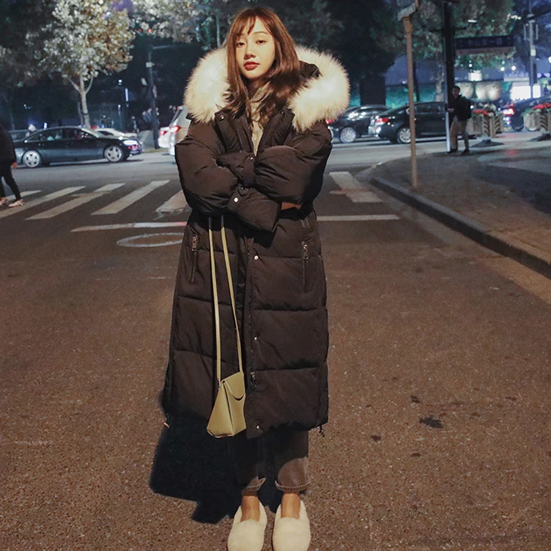 

Женское пальто с меховым капюшоном, зимнее, теплое, длинное, однотонное, с хлопковой подкладкой, 2021