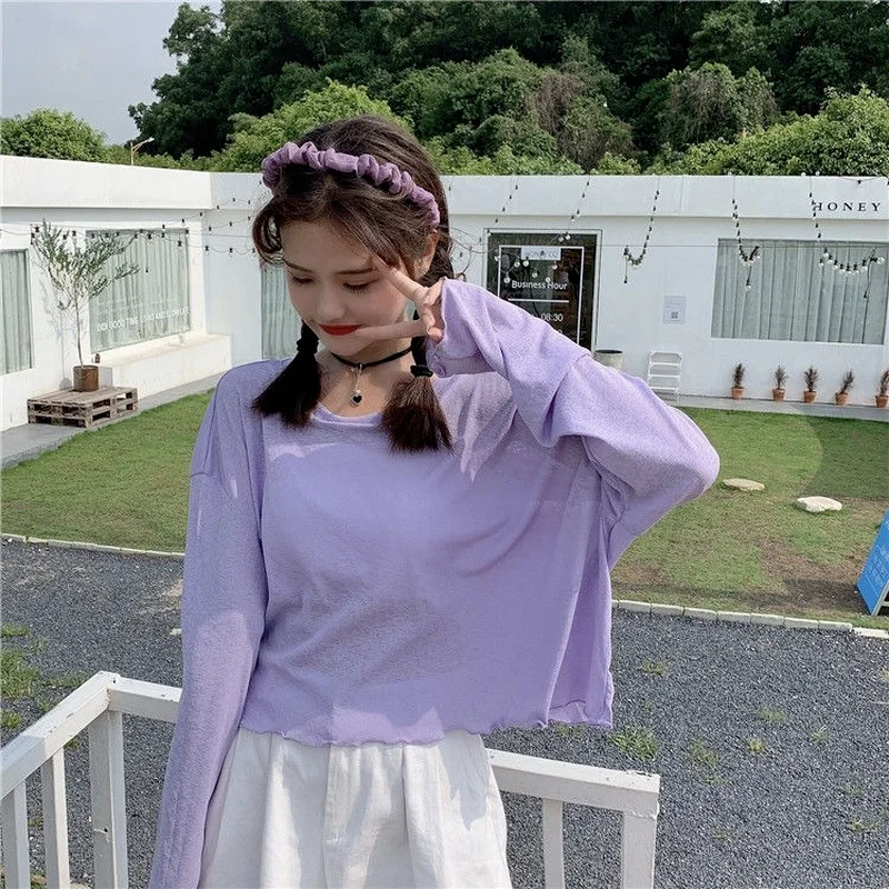 Женские футболки с длинным рукавом однотонные Короткие топы Летняя тонкая