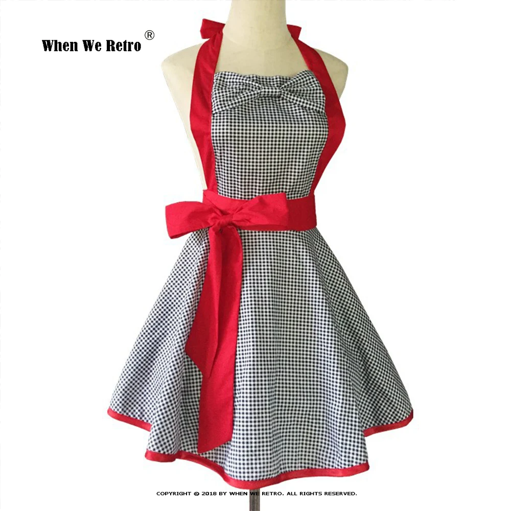 Plaid Retro Cotton Vintage Apron VD2517 Halter Bow Milk Tea Shop kitchen work Aprons for Women Waitress Clothing |