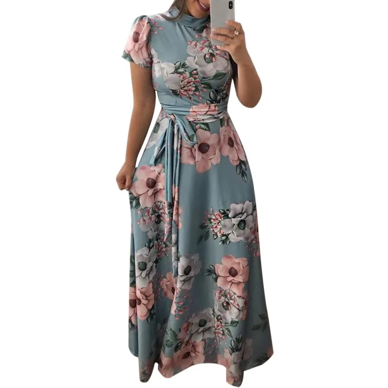 green short sleeve Litthing, женское длинное макси платье, лето, цветочный принт, бохо, Пляжное Платье, повседневное, короткий рукав, Бандажное, вечерние платья, Vestido Plus - Цвет: green short sleeve