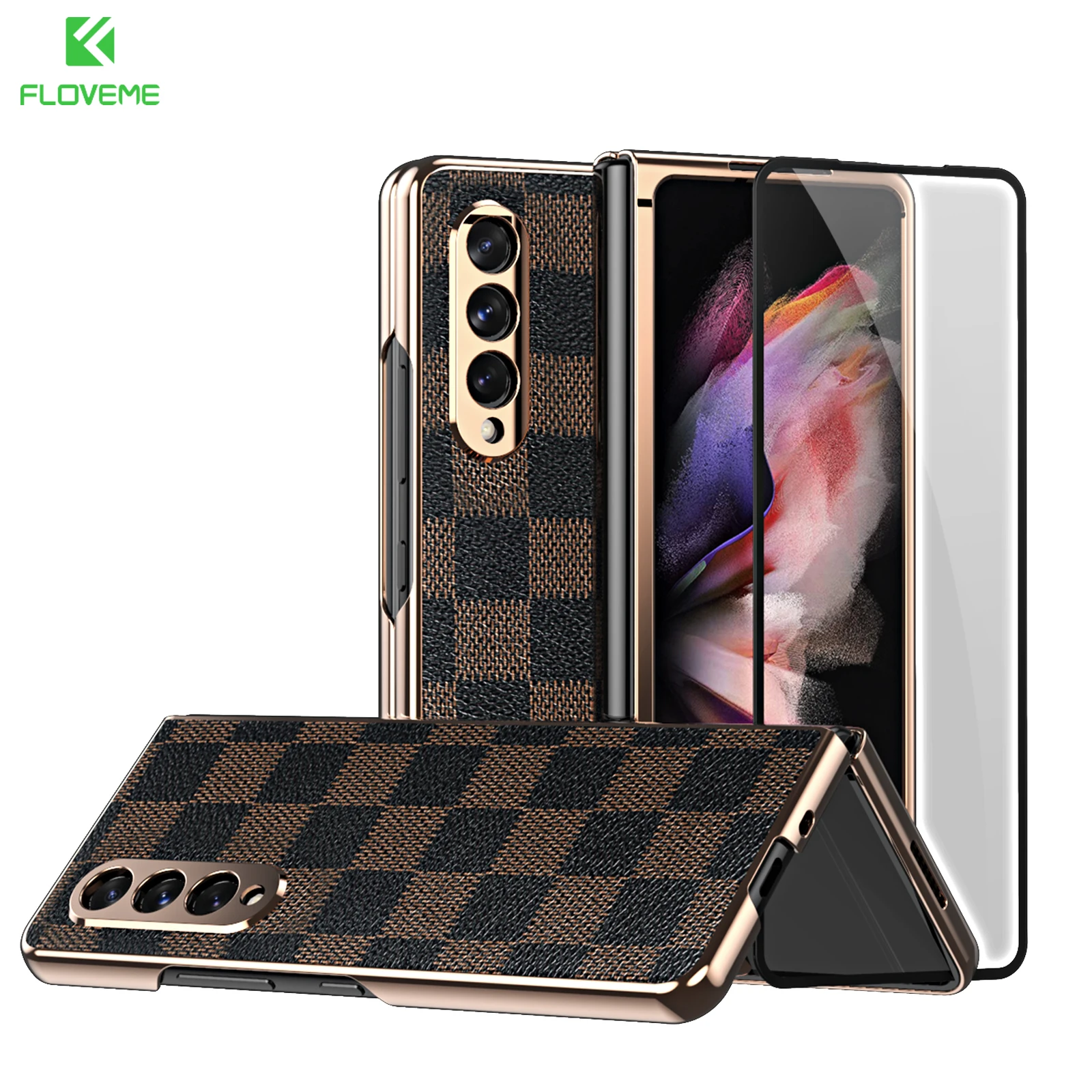 

Кожаный текстурный чехол с полным покрытием для телефона Samsung Z Fold 3 5G, защита для экрана из закаленного стекла, задняя крышка для Galaxy Z Fold 3