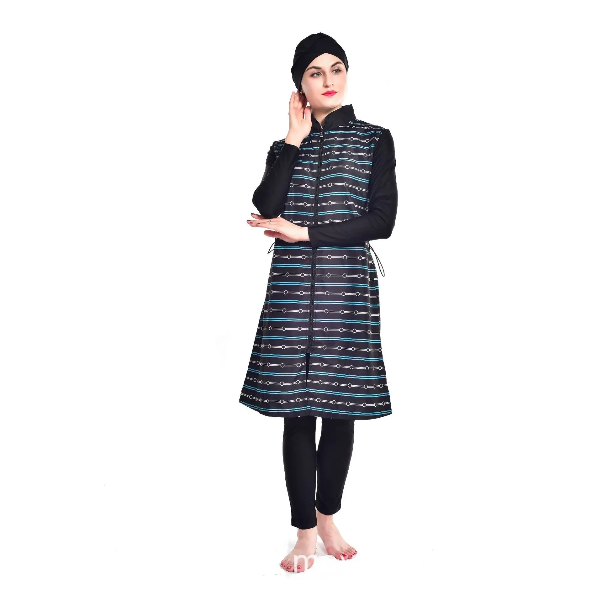 

2021 New Summer Conservative Swimsuit Swimsuit Muslim Swimsuit Three-piece Hat Plus Size Swimsuit Zipper Bukini Conservative