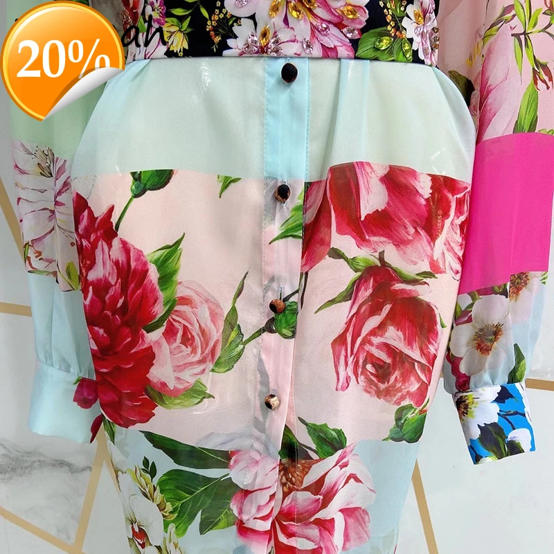 

Summer Women Fashion Runway Party Midi Dress Later Shell Sheet Crystal Floral Print Women Lose A-Line Clothes 2021