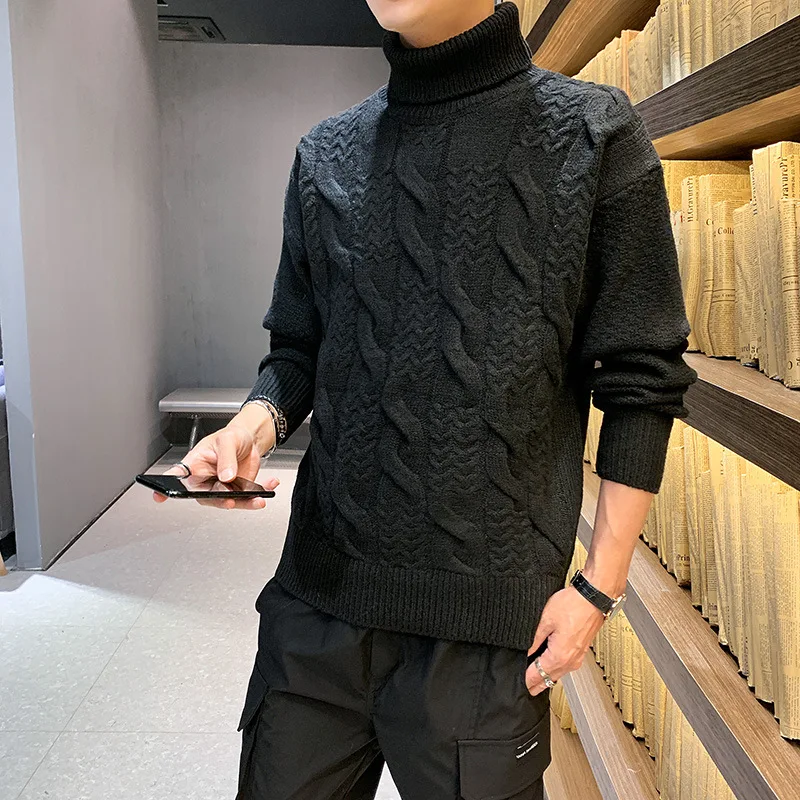 

HOO 2020 Men's Autumn and Winter New Cable-Knit Sweater Teen Trend Casual Loose Mock Neck Sweater