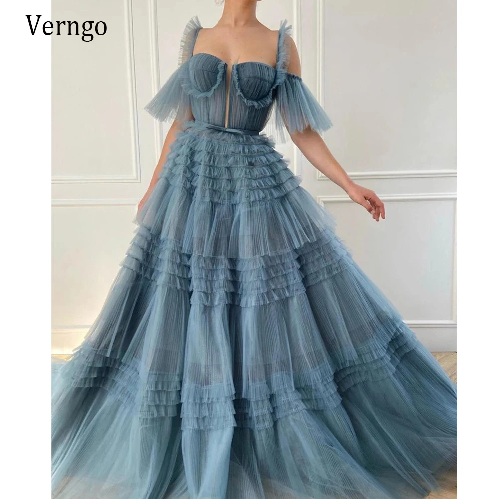Шикарное пыльно синее Тюлевое вечернее платье Verngo с оборками длинное