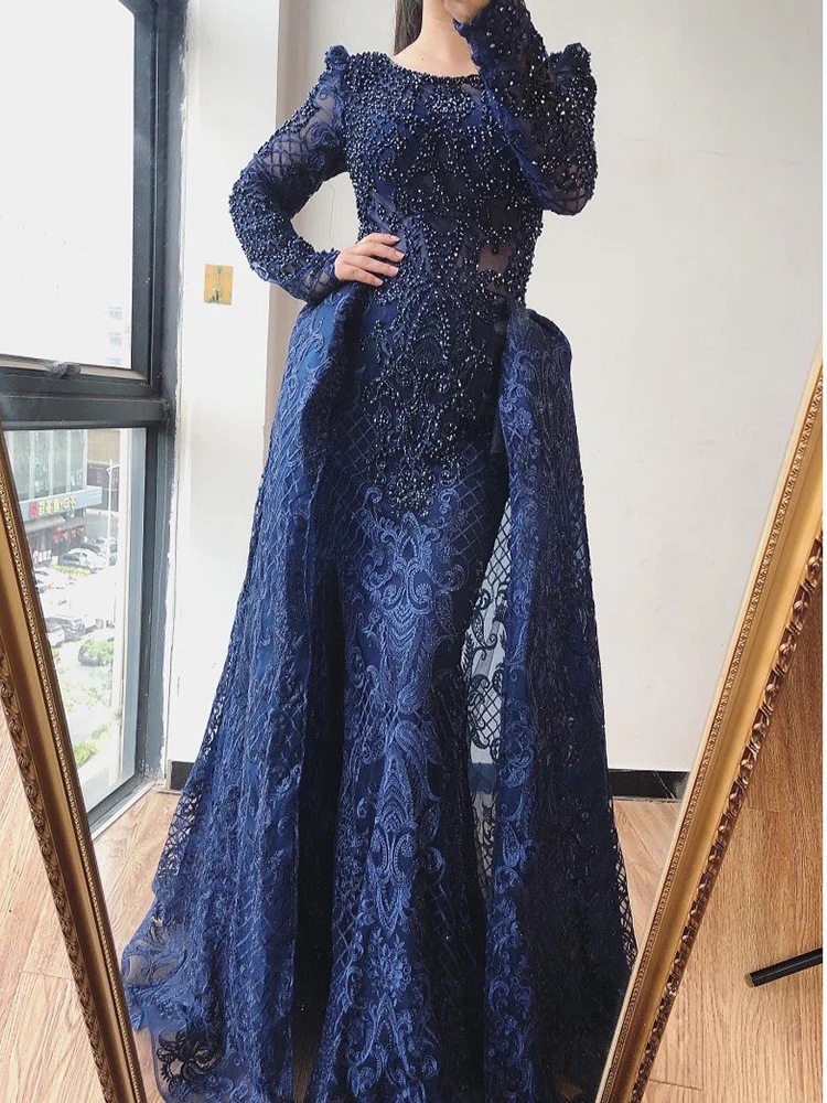 

YILIBER Rluxury beaded feather long sleeve evening dress dubai kaftan arabic women muslim formal party gowns gold long prom dres