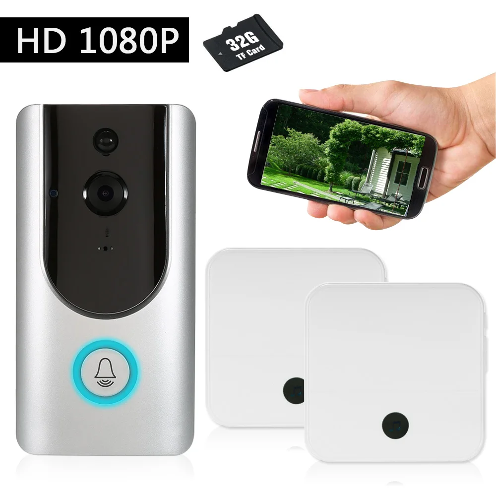 

Умный беспроводной дверной звонок HD 1080P Wi-Fi, видеодомофон с функцией записи видео, дверной телефон с ночным видением + беспроводной дверной З...