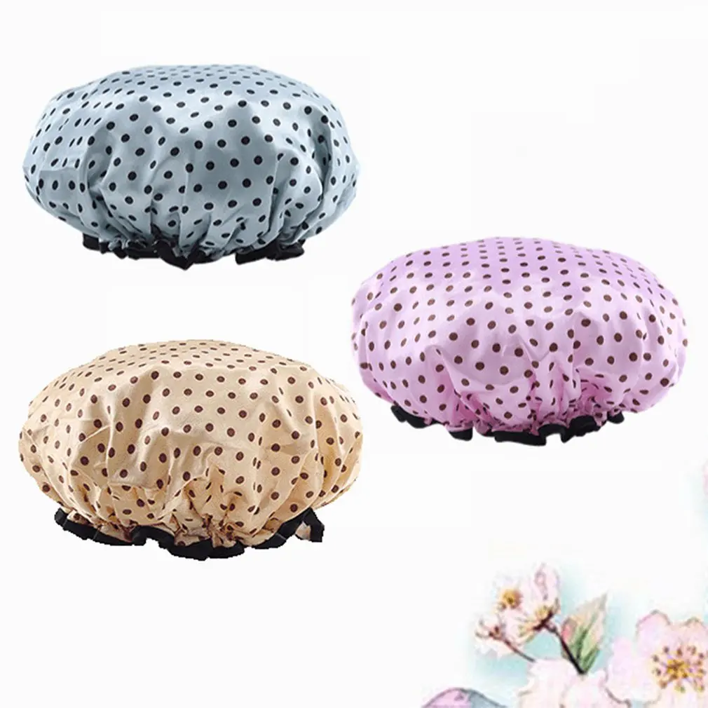 

Sweet Double-layer Waterproof Shower Cap Mercerized Shower Cap Cute Polka Dot Shower Cap Female Dust Cap Anti-smoke Cap
