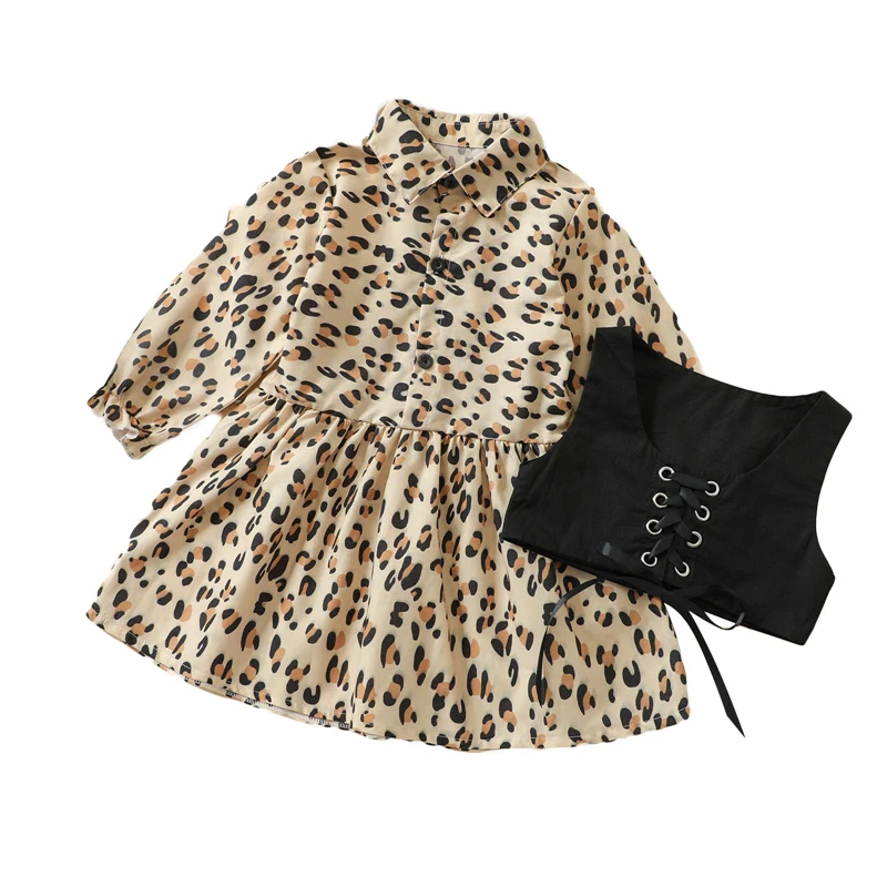 

2021 Summer Girl\u2019s Dress and Camisole Set Fashion Leopard Long Sleeve Dress with Solid Color Bandage Vest