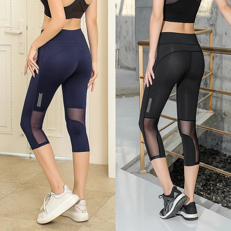 

Womenâ€˜ Pants Calf-Length Leggings Fitness Mesh Tight Yoga Hollow Splice Cropped Trousers Female Home Running Gym Sport Clothing