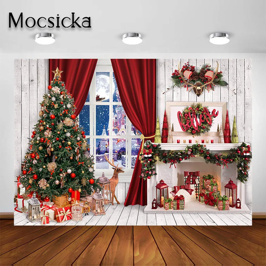 

Mocsicka Christmas Backdrops for Photography Xmas Toy White Wall Fireplace Decoration Photo Background Kids Portrait Photoshoot