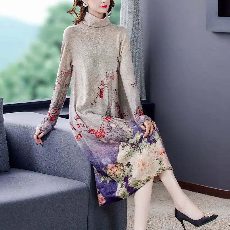 

Женское трикотажное платье-водолазка, длинное шерстяное кашемировое платье во французском ретро-стиле с высоким воротником и цветочным пр...