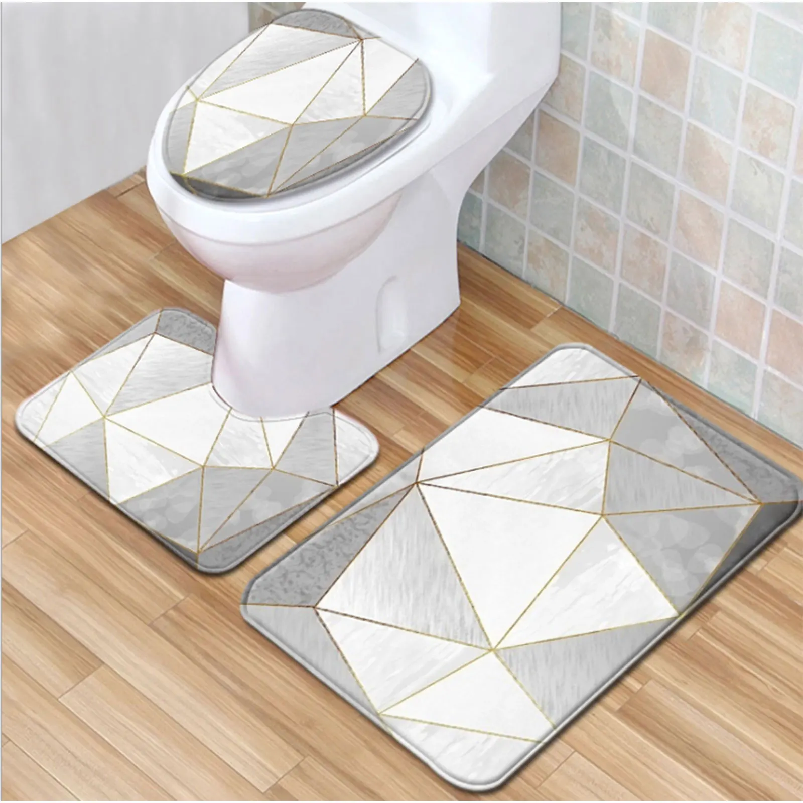 

3pcs Marble Toilet Set Anti-slip Floor Mat Door Pad Bathroom Carpet Practical Home Bathroom Decoration
