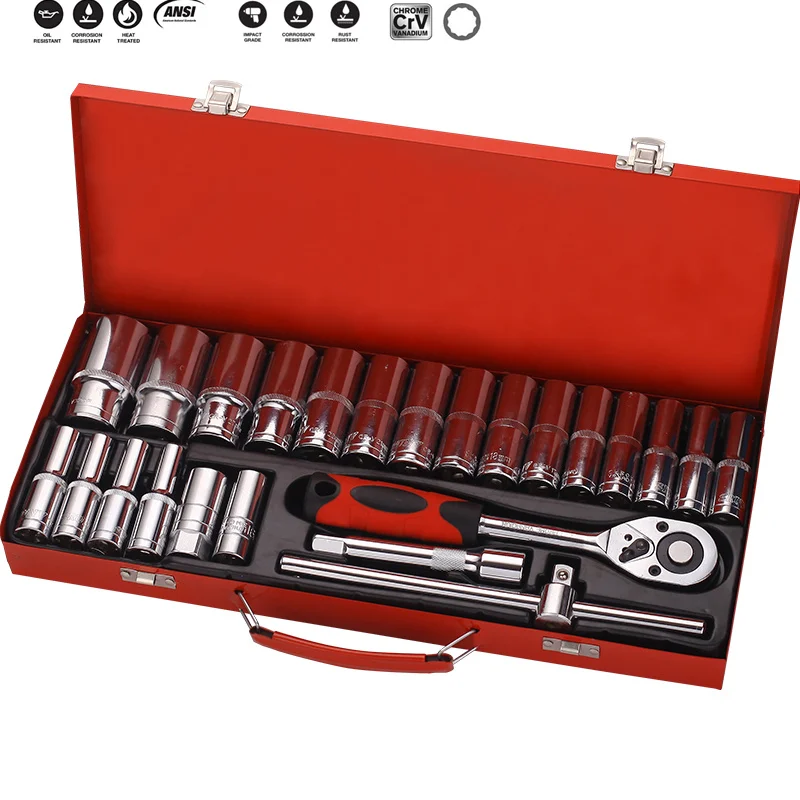 24pcs Mirror Automotive Socket Wrench Sets Hand Tools With F Bar,Car Maintenance Tool Kit