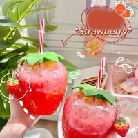 net red strawberry straw cup strawberry keychain plastic cup cute female milk tea juice cup student portable water cup