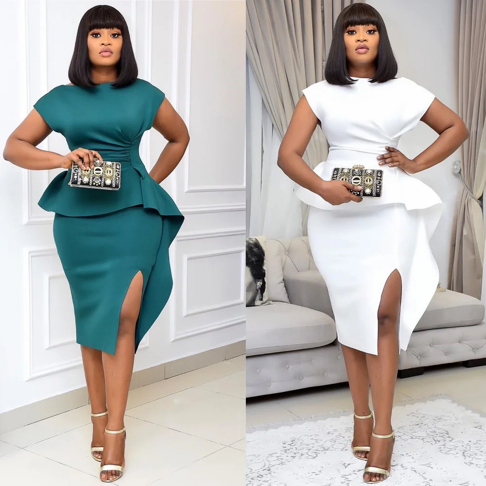 

Women White Bodycon Elegant Dress 2021 Peplum Short Sleeve Backless Vestidos African Ladies Birthday Date Party Occasion Clothes