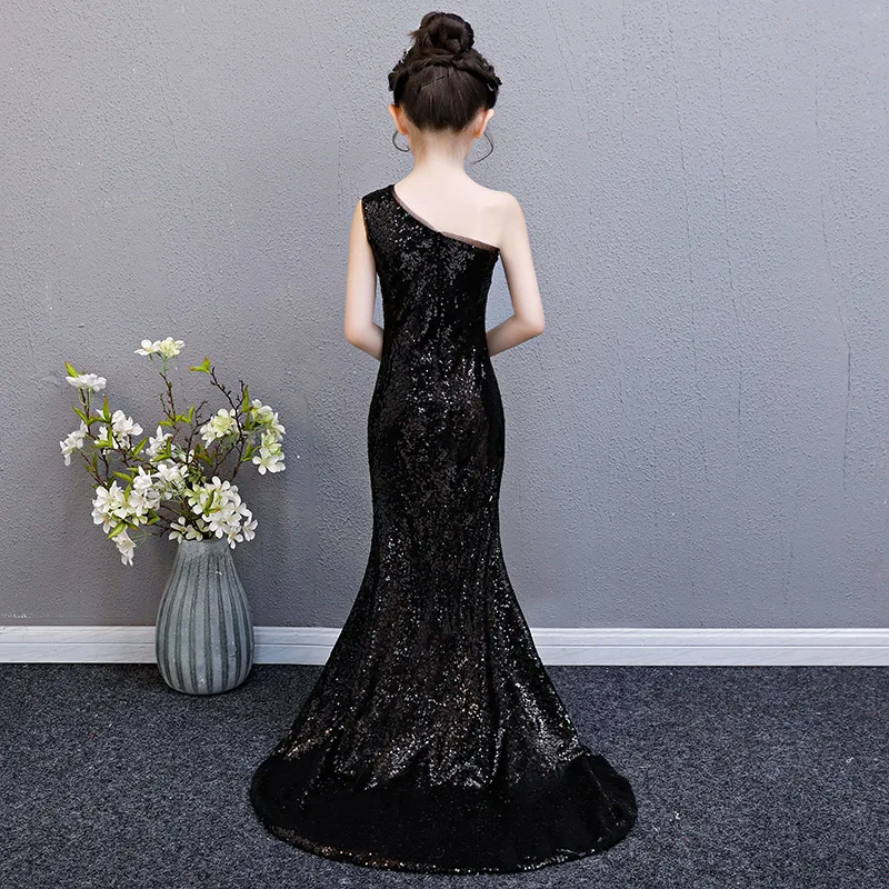 sequin mermaid dress age for teenage girls one-shoulder  vintage noble graduation gowns evening party kids frocks L0227