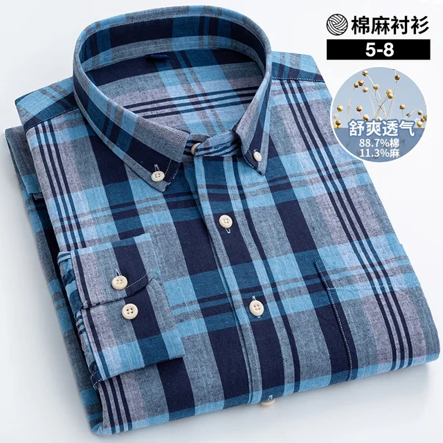 Pure Color Hemp Shirt Striped Plaid Middle-aged Business Slim Fit Shirt Men Longsleeve Shirt for Men Button Down Shirts for Men 2