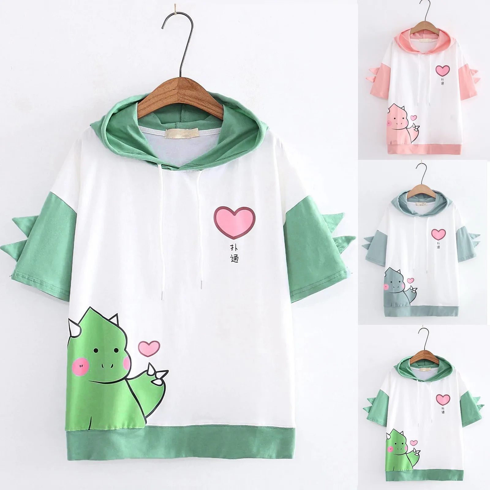 Hooded Sweatshirt Women Sweetshirts Fashion Hoodie Casual Cute Emo Dinosaur T Shirt Drawstring Short Sleeve Tops Y2k Ropa Mujer