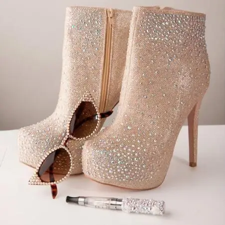 

Sexy Rhinestone Crystal Ankle Boots Round Toe Stiletto Heel Women's Boots Bling Bling Crystal Zipper Runway Short Bootie