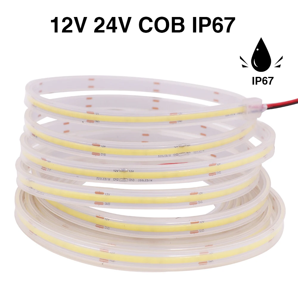 

COB LED Strip Light DC12V 24V PVC IP67 Waterproof 320 384 480 528 LEDs/m Cold Warm Natural White Flexible COB Led Light 5m/Roll