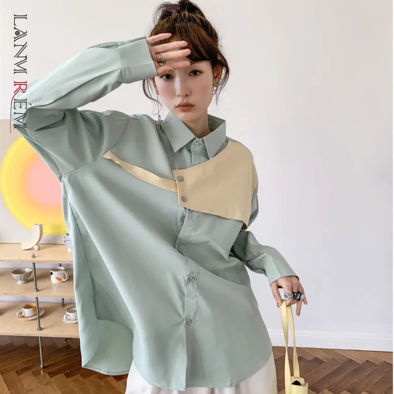 

LANMREM 2022 New Women Lapel Single Breasted Patchwork Color Block Female Long Sleeve Loose Casual Fashion Shirts 2J427