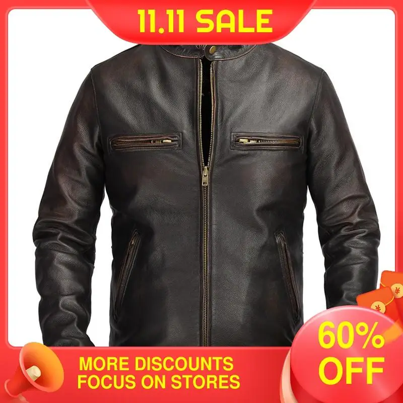 

2021 Vintage Brown Men Slim Fit Biker's Leather Jacket Large Size XXXXXXL Genuine Cowhide Autumn Motorcycle NAtural Coat