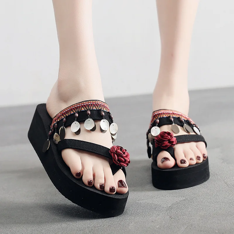 

Шлепанцы женские на высоком каблуке, Нескользящие, пляжные сандалии, танкетка, богемный стиль, летняя обувь, большие размеры