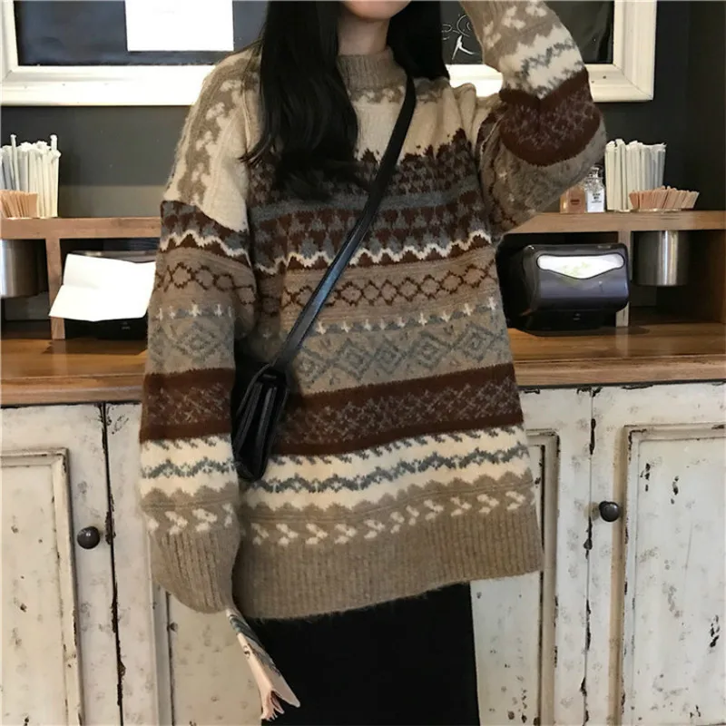 

Vintage Kintted Pullover Sweaters 2021 New Women Winter Loose Style Striped Pull Jumpers Casual Tops Femme Korean Style Knitwear