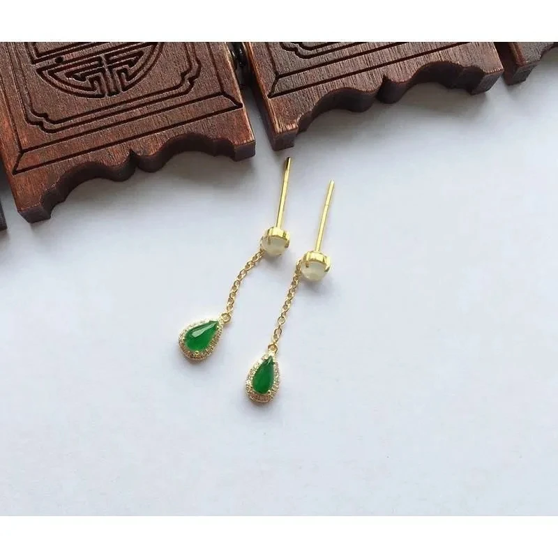 

New Design S925 Sterling Silver Earrings Inlaid Ice-like Earrings Chalcedony Water Drop round Egg Dual-Use Gorgeous Light Luxury