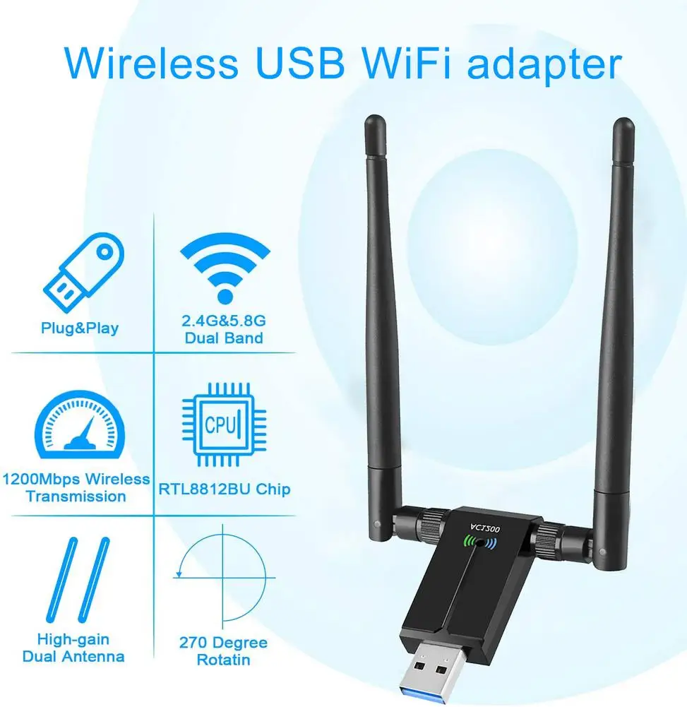 

USB Wireless Network Card WiFi Adapter for PC Laptop with Dual 5dBi Antennas 1200Mbps 2.4G/5.8G Computer Accessories