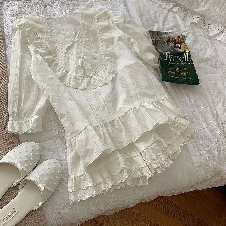 

Women's White Pajamas Sets For Summer Princess Sweet Cotton Home Sleeping Suit Female Korean Cute Palace Lace Loose-fit Pajama