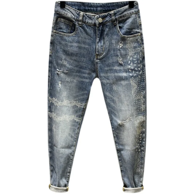

Брюки в стиле Харадзюку, мужские Модные брендовые рваные джинсы с цветком кешью, мужские узкие брюки до щиколотки, весенние тонкие джинсы-ка...