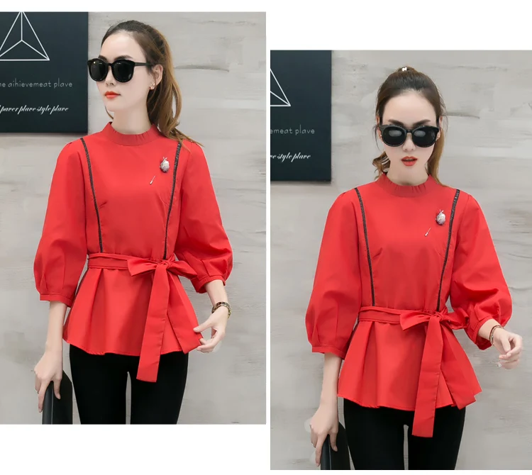 Женская Новинка 2017 модная блузка с воротником стойкой полосатая блуза коротким