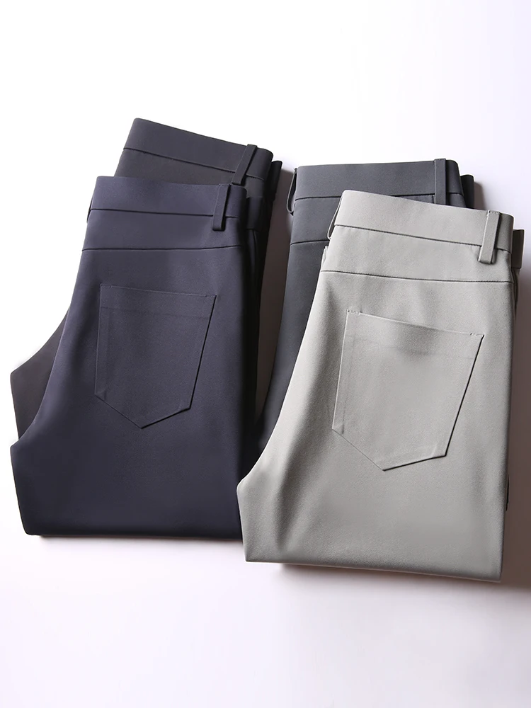 

New autumn high end rubber pressed men's trousers elastic anti-wrinkle twill fabric men's slim straight trousers