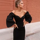 Женское винтажное сексуальное облегающее платье с V-образным вырезом, открытыми плечами, рукавами-фонариками, вечернее элегантное платье миди, черное платье