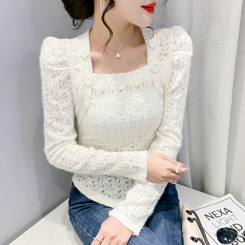 

Женский кружевной топ с длинным рукавом, Повседневная ажурная футболка с квадратным вырезом, одежда больших размеров для весны, 2022