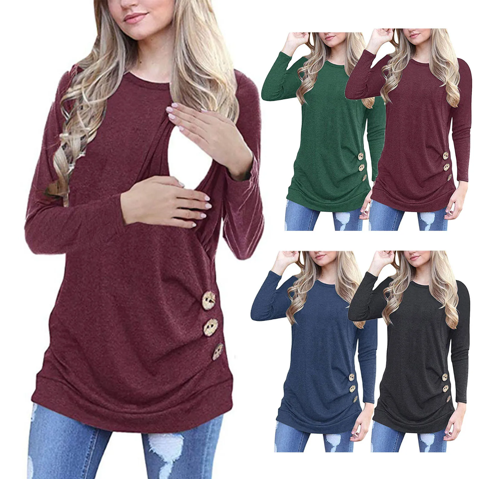 

Одежда для беременных осенне-зимние топы для беременных женщин с длинным рукавом и круглым вырезом Блузки для грудного вскармливания Одежд...