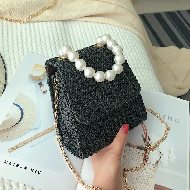 Straw Bags For Women 2020 Female Summer Handmade Woven Shoulder Small Pearl Handle Ladies Hand Travel Purse Beach | Багаж и сумки