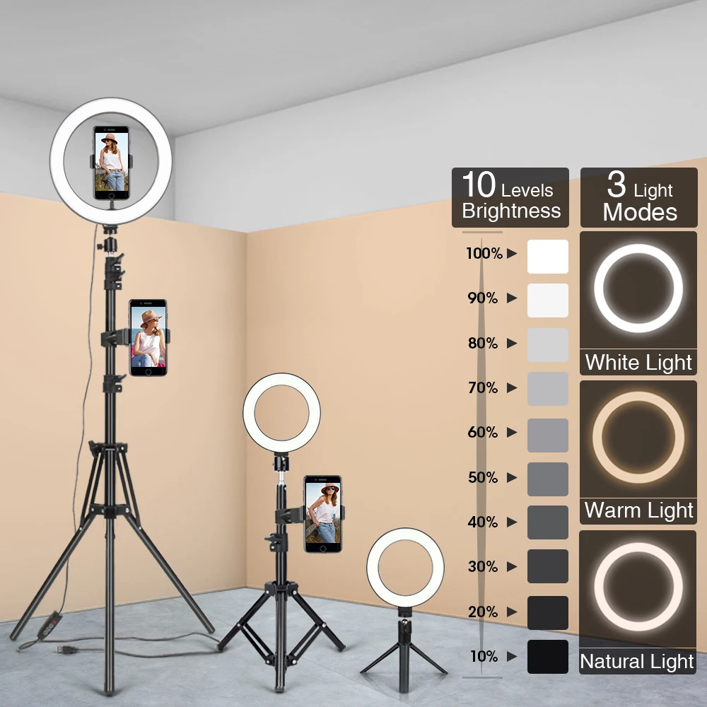 

Светодиодный кольцевой светильник, лампа для фотосъемки с регулируемой яркостью, USB, со штативом, для Youtube, студийной видеосъемки, нанесения ...