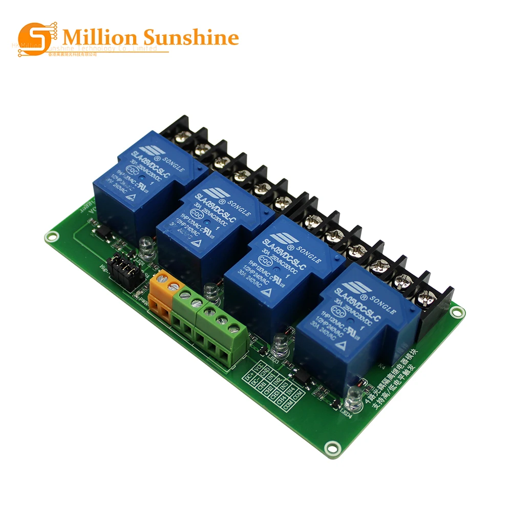 

Four 4 channel relay module 30A with optocoupler isolation 5v 12v 24v supports high and low Triger trigger for Smart home